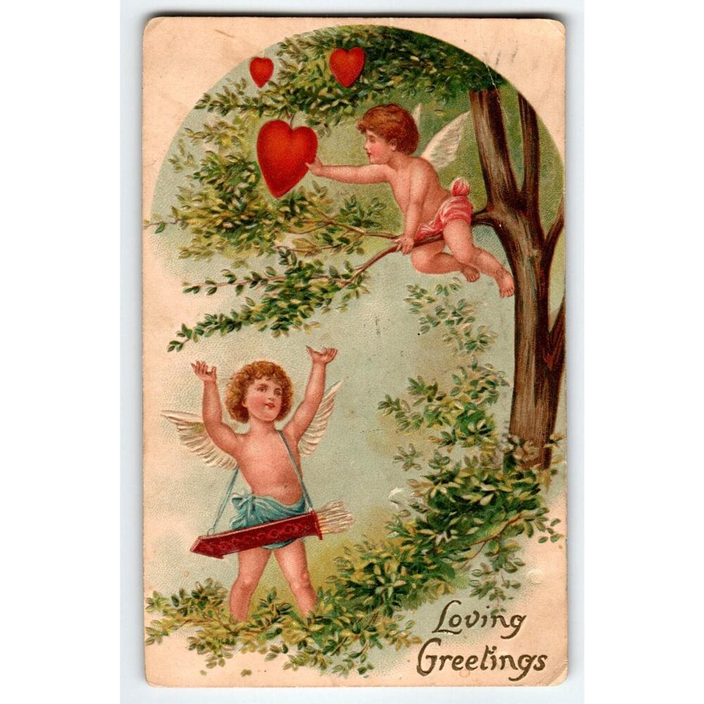1910 Valentine Postcard – Cupids Picking Hearts from Tree – Loving Greetings